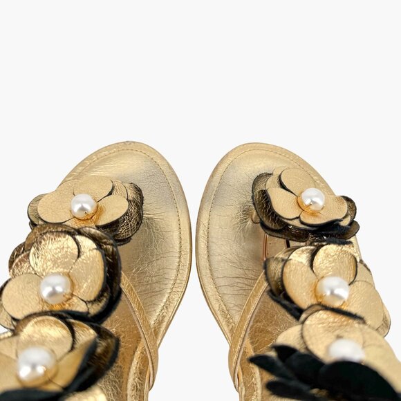 Chanel Camellia Pearl T-Strap Sandals Gold Leather Size 37C US 6–6.5 Women Flat - Picture 6 of 15